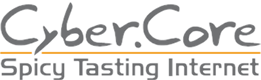CyberCore-Logo mit Slogan "Spicy Tasting Internet".
